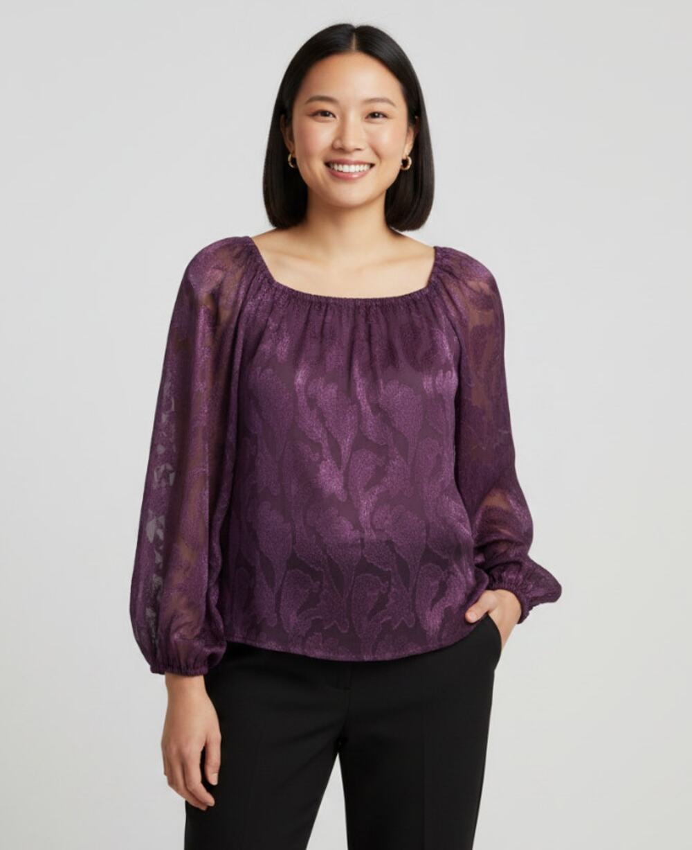 Mason & Belle Top Floral Print Sheer Sleeves Flowy Blouse Purple Size Small